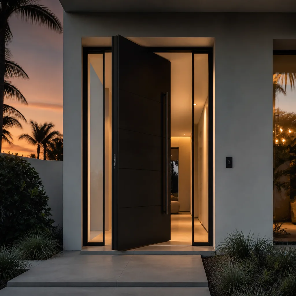 Modern black pivot front door installed in a luxury contemporary home