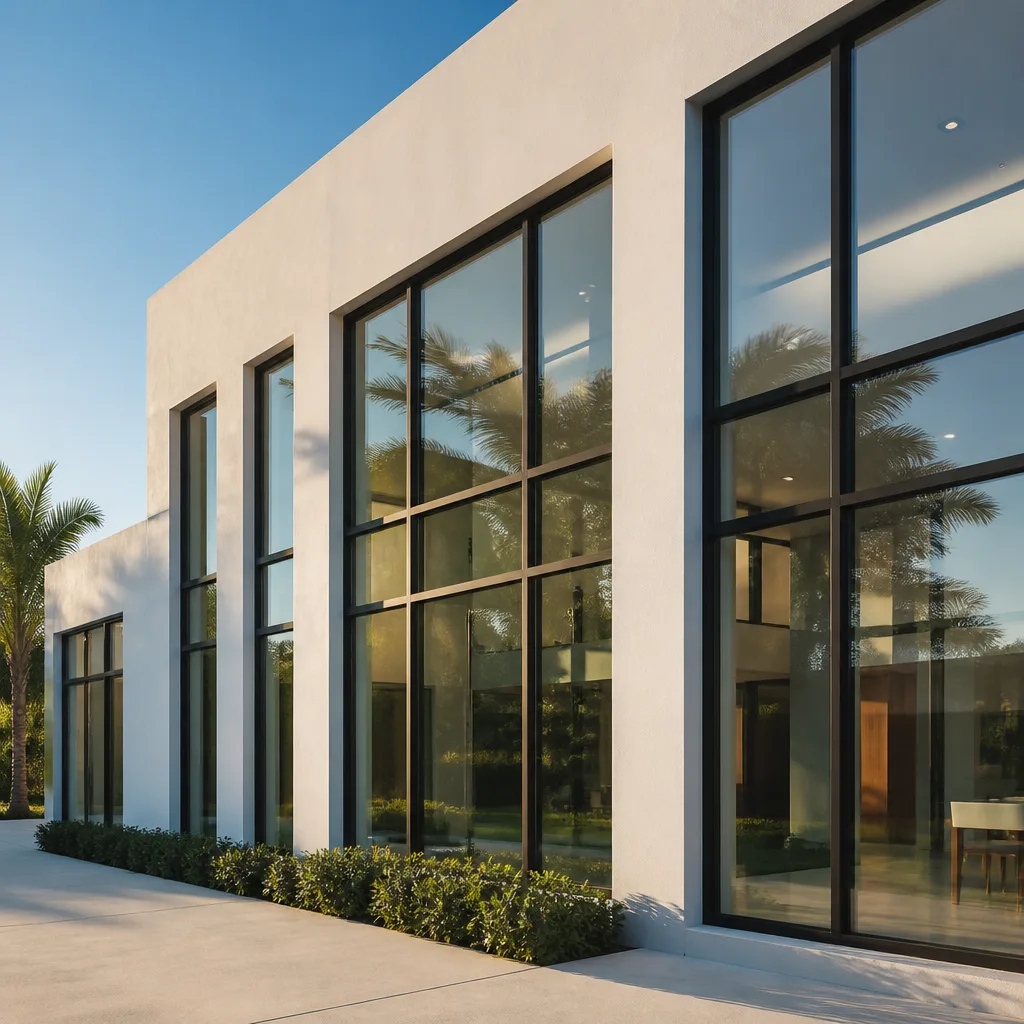 Modern floor-to-ceiling windows installed on a contemporary white building exterior.