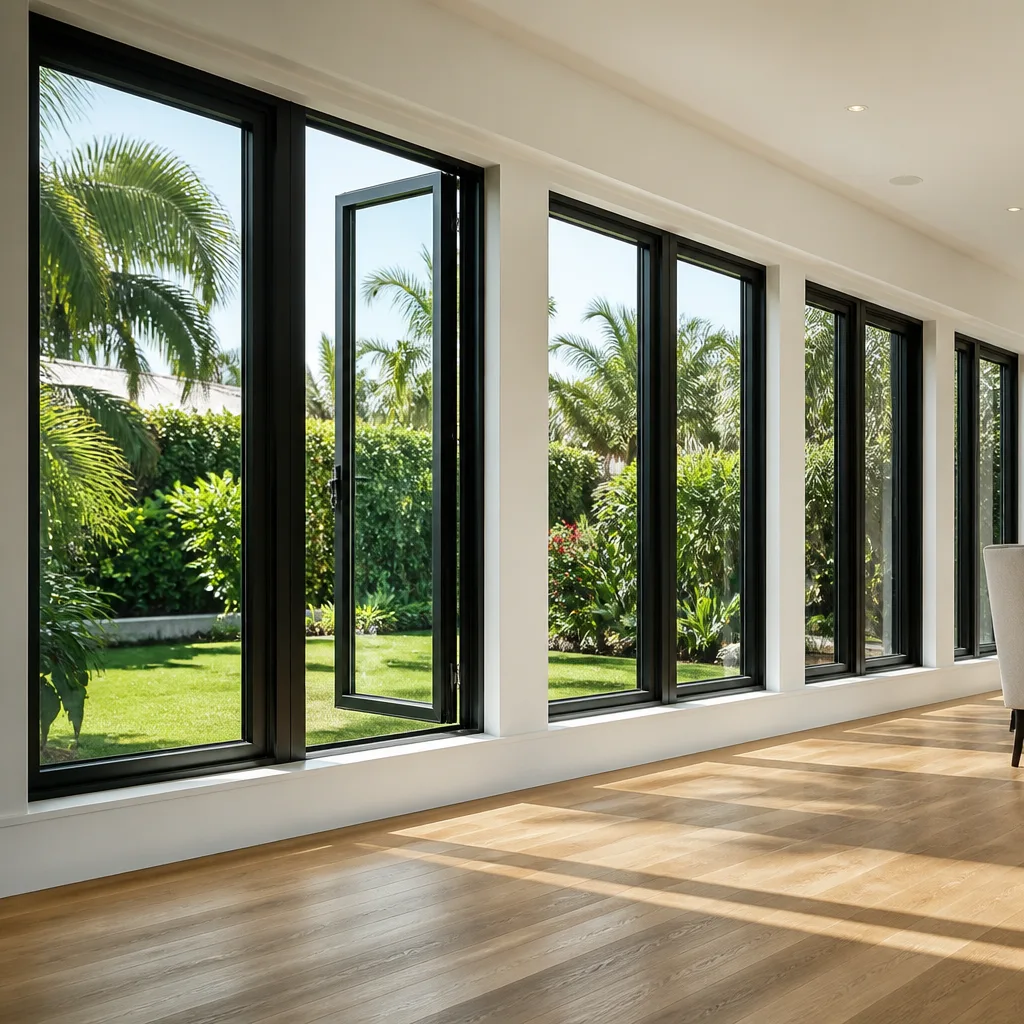 Modern black-framed windows and doors overlooking a lush garden