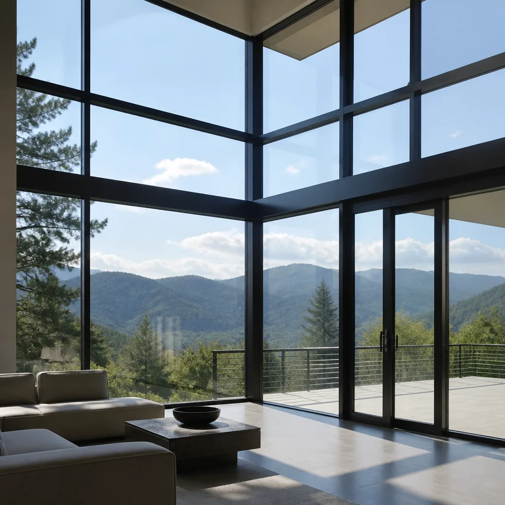 Modern floor-to-ceiling windows and sliding glass doors in a luxury home